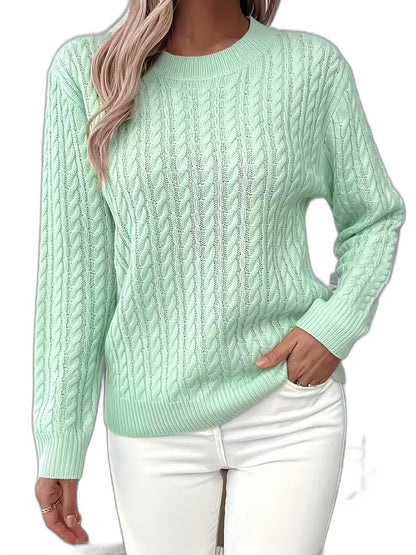 Effortless Sage Green Cable Knit Sweater for Women with Crew Neck Long Sleeve Casual Style