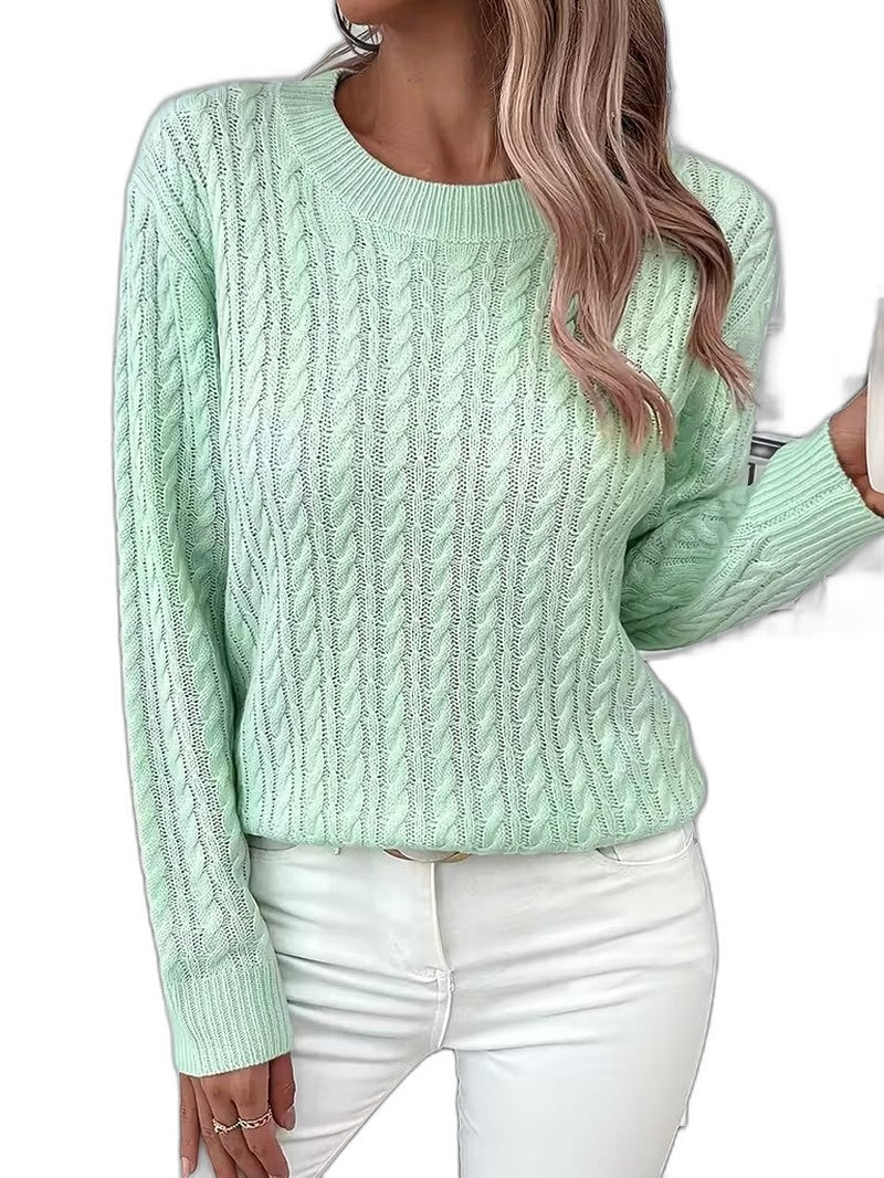 Effortless Sage Green Cable Knit Sweater for Women with Crew Neck Long Sleeve Casual Style