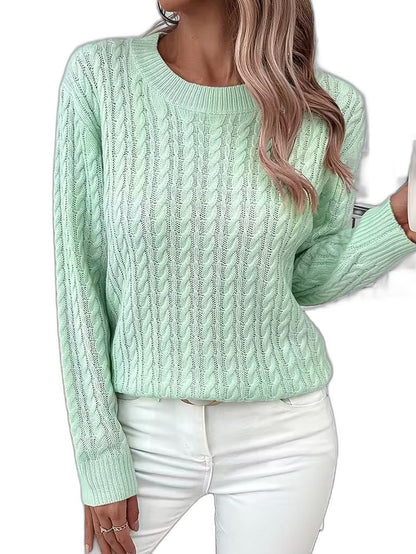 Effortless Sage Green Cable Knit Sweater for Women with Crew Neck Long Sleeve Casual Style