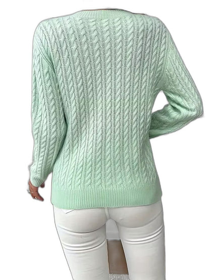 Effortless Sage Green Cable Knit Sweater for Women with Crew Neck Long Sleeve Casual Style