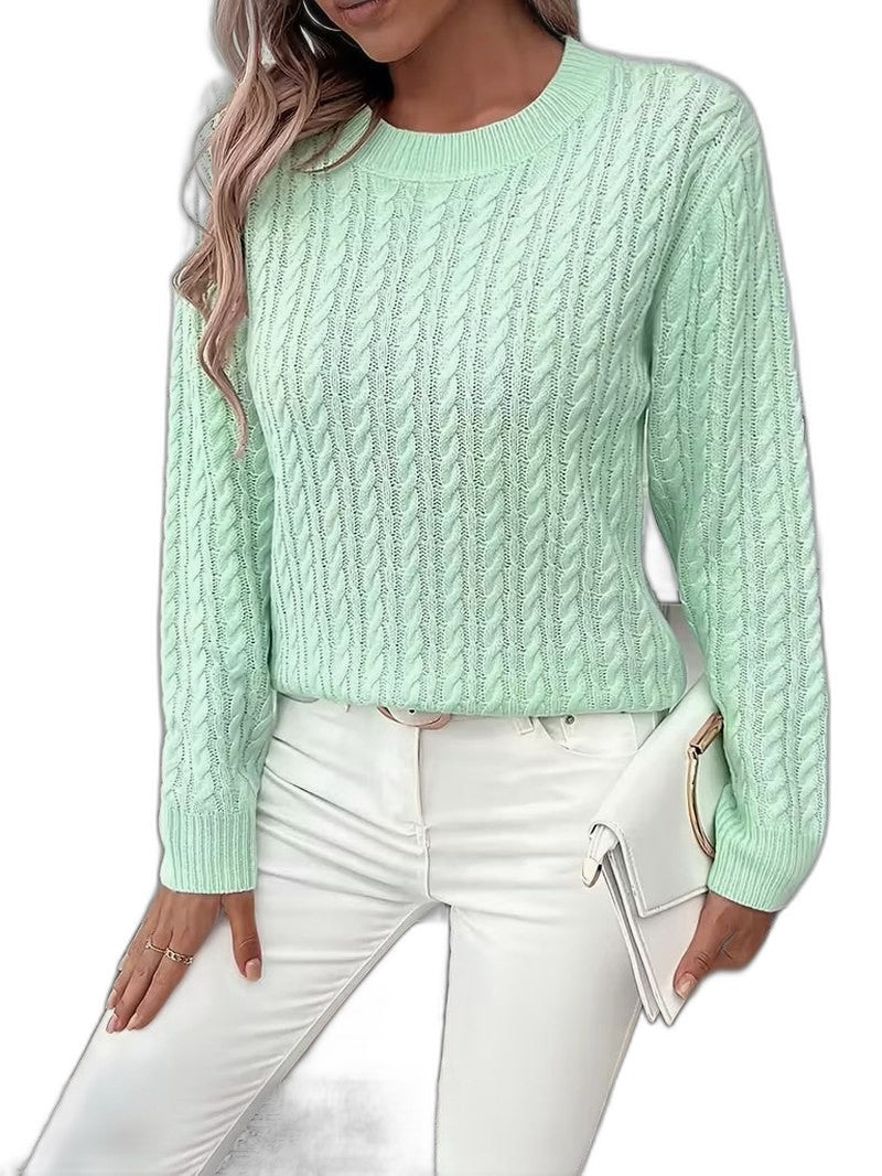 Effortless Sage Green Cable Knit Sweater for Women with Crew Neck Long Sleeve Casual Style