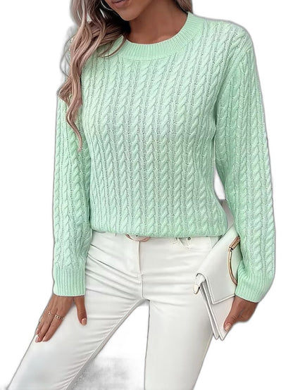 Effortless Sage Green Cable Knit Sweater for Women with Crew Neck Long Sleeve Casual Style