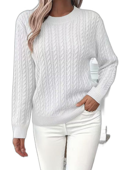 Effortless Sage Green Cable Knit Sweater for Women with Crew Neck Long Sleeve Casual Style