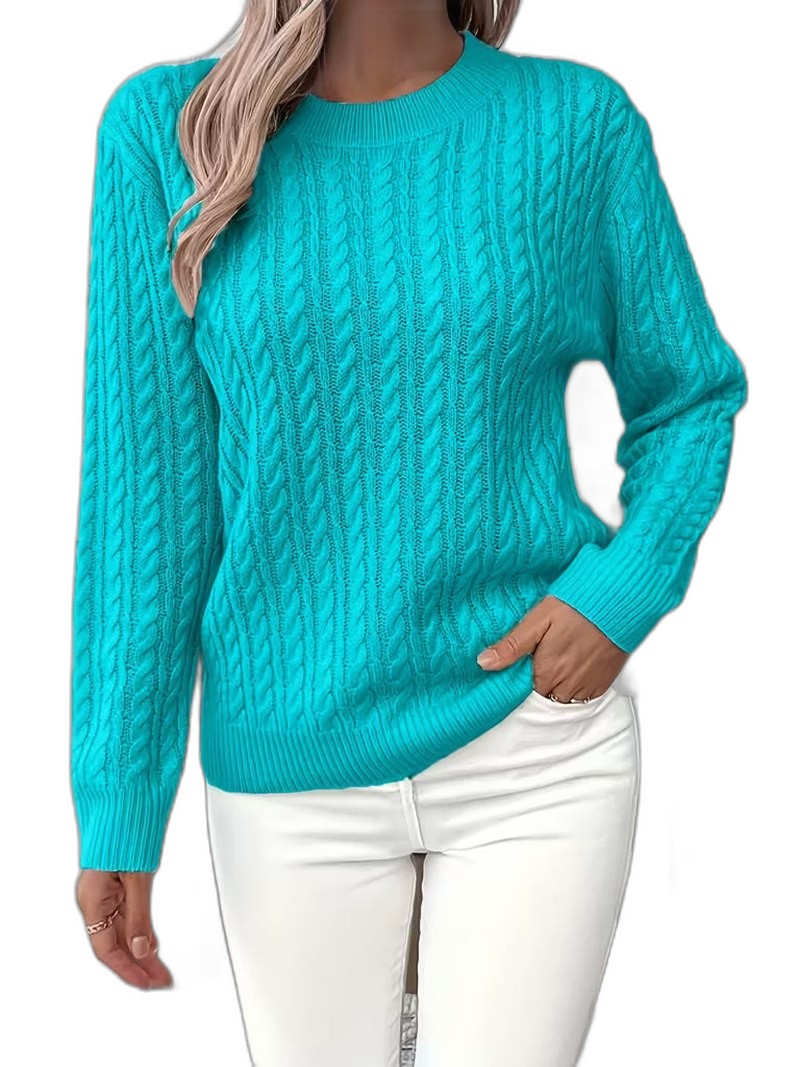 Effortless Sage Green Cable Knit Sweater for Women with Crew Neck Long Sleeve Casual Style