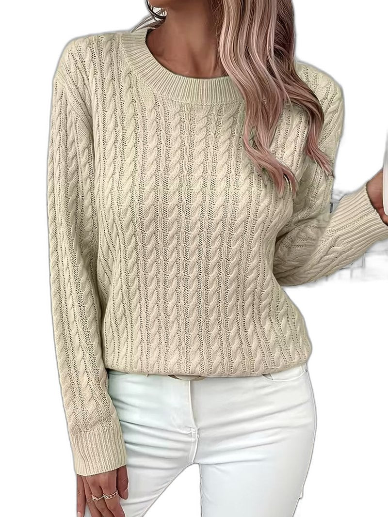 Effortless Sage Green Cable Knit Sweater for Women with Crew Neck Long Sleeve Casual Style