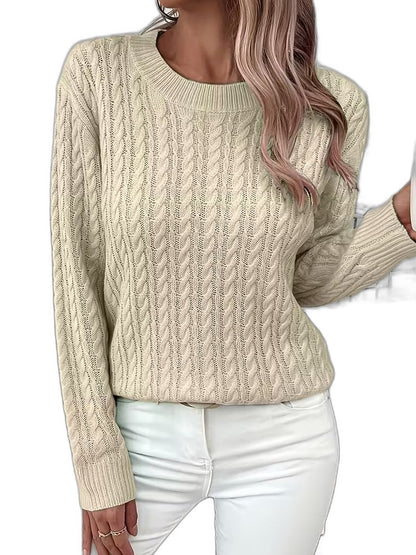 Effortless Sage Green Cable Knit Sweater for Women with Crew Neck Long Sleeve Casual Style