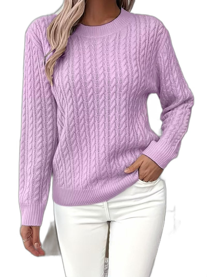 Effortless Sage Green Cable Knit Sweater for Women with Crew Neck Long Sleeve Casual Style