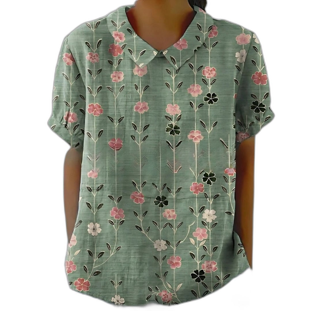 Effortless Sage Green Floral Blouse for Women with Collared Short Sleeve Button Front Casual Style