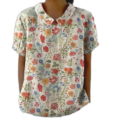 Effortless Sage Green Floral Blouse for Women with Collared Short Sleeve Button Front Casual Style