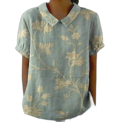 Effortless Sage Green Floral Blouse for Women with Collared Short Sleeve Button Front Casual Style