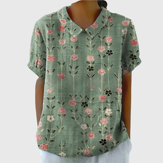 Effortless Sage Green Floral Blouse for Women with Collared Short Sleeve Button Front Casual Style