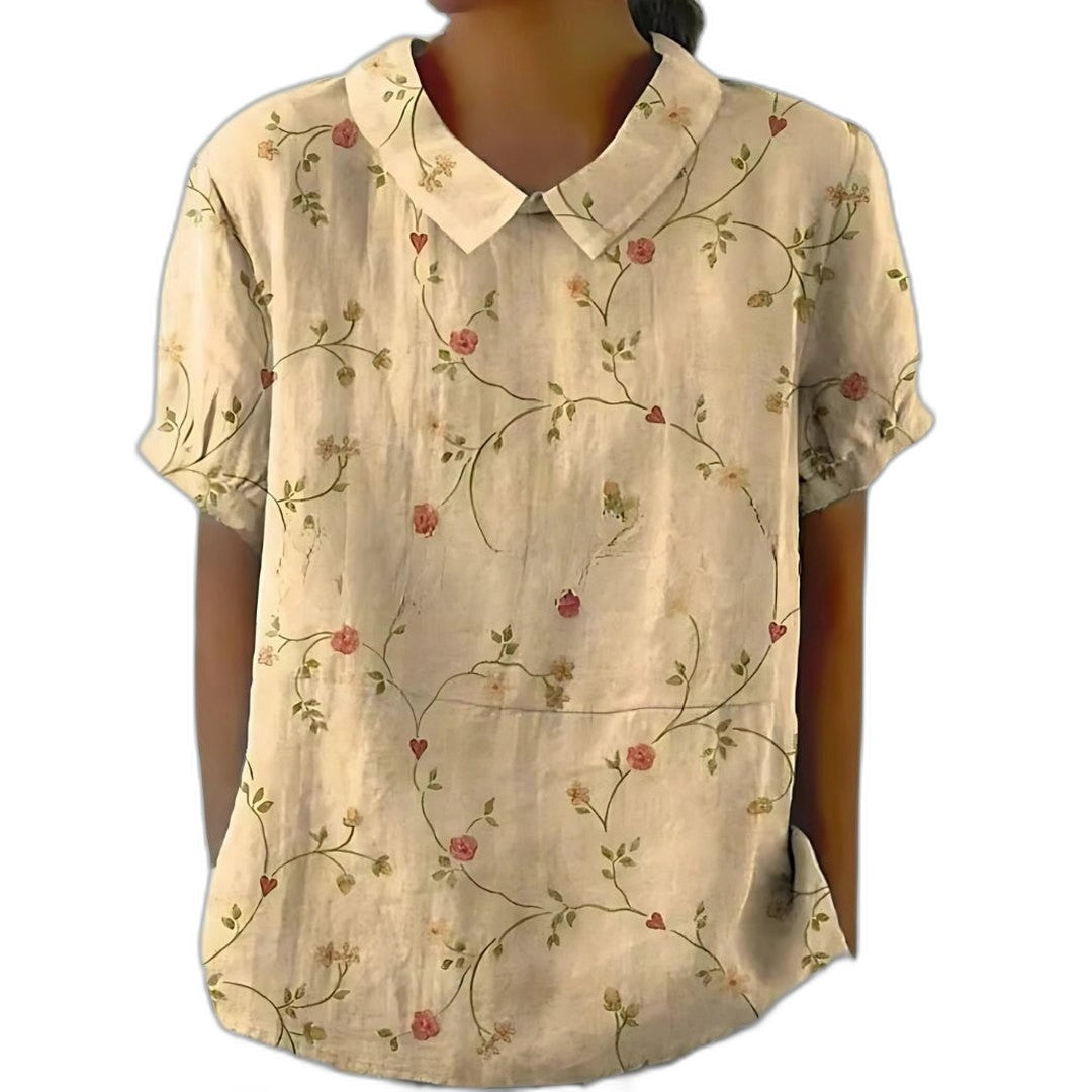 Effortless Sage Green Floral Blouse for Women with Collared Short Sleeve Button Front Casual Style