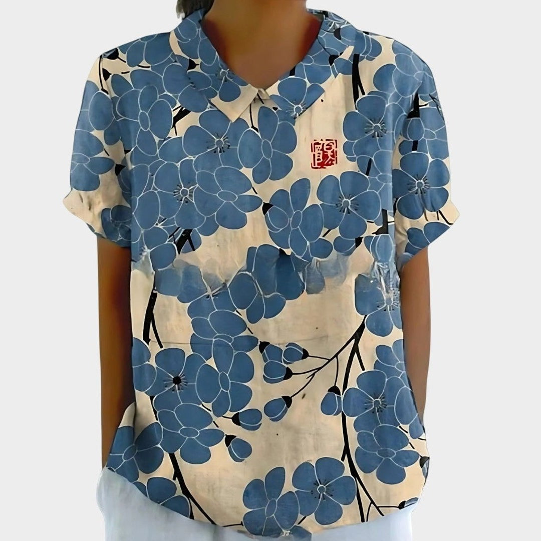 Effortless Sage Green Floral Blouse for Women with Collared Short Sleeve Button Front Casual Style