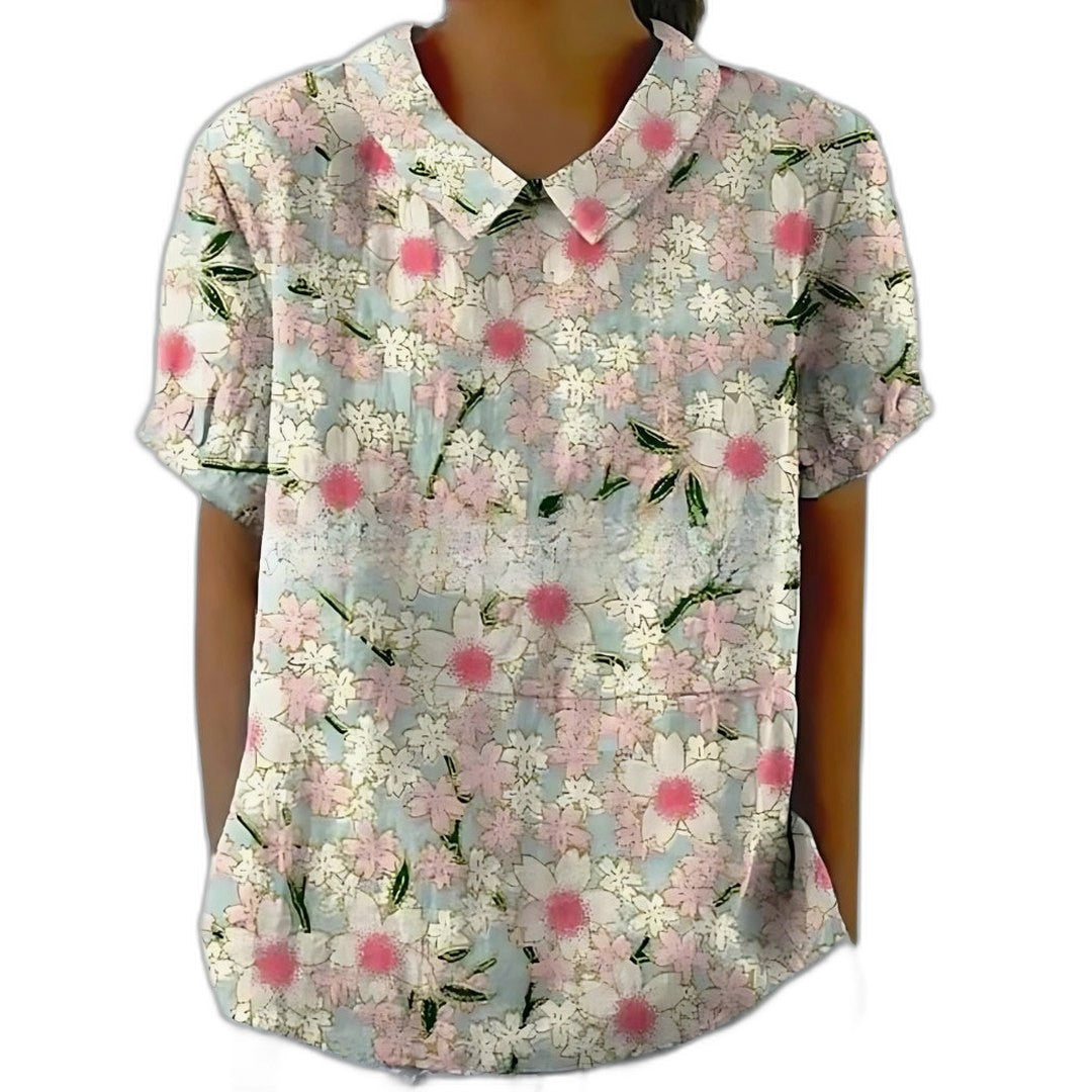 Effortless Sage Green Floral Blouse for Women with Collared Short Sleeve Button Front Casual Style
