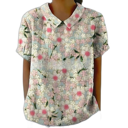 Effortless Sage Green Floral Blouse for Women with Collared Short Sleeve Button Front Casual Style