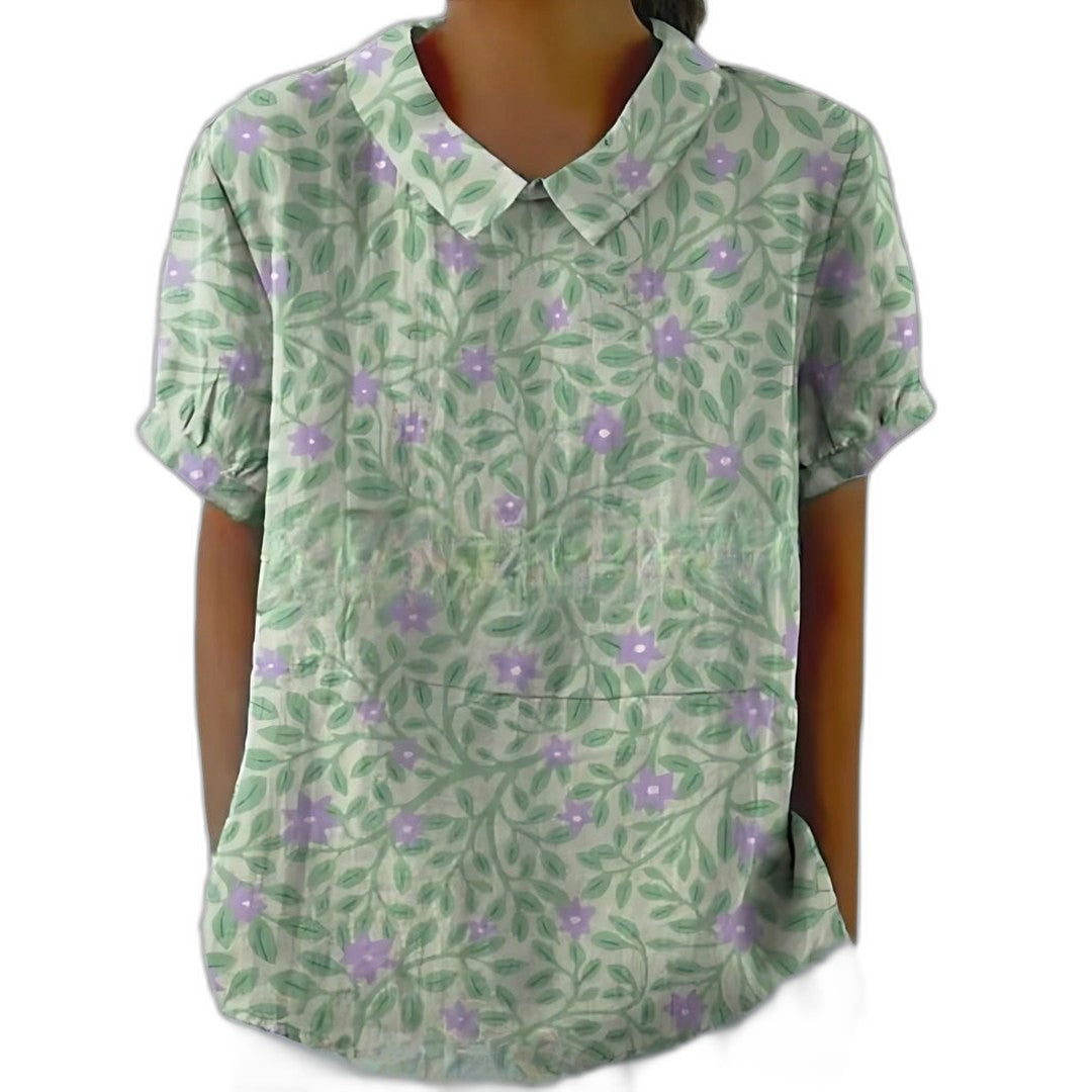 Effortless Sage Green Floral Blouse for Women with Collared Short Sleeve Button Front Casual Style