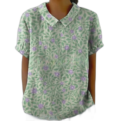 Effortless Sage Green Floral Blouse for Women with Collared Short Sleeve Button Front Casual Style