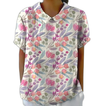 Effortless Sage Green Floral Blouse for Women with Collared Short Sleeve Button Front Casual Style