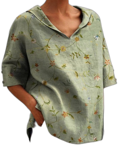 Effortless Sage Green Floral Blouse for Women with Collared Short Sleeve Oversized Casual Style