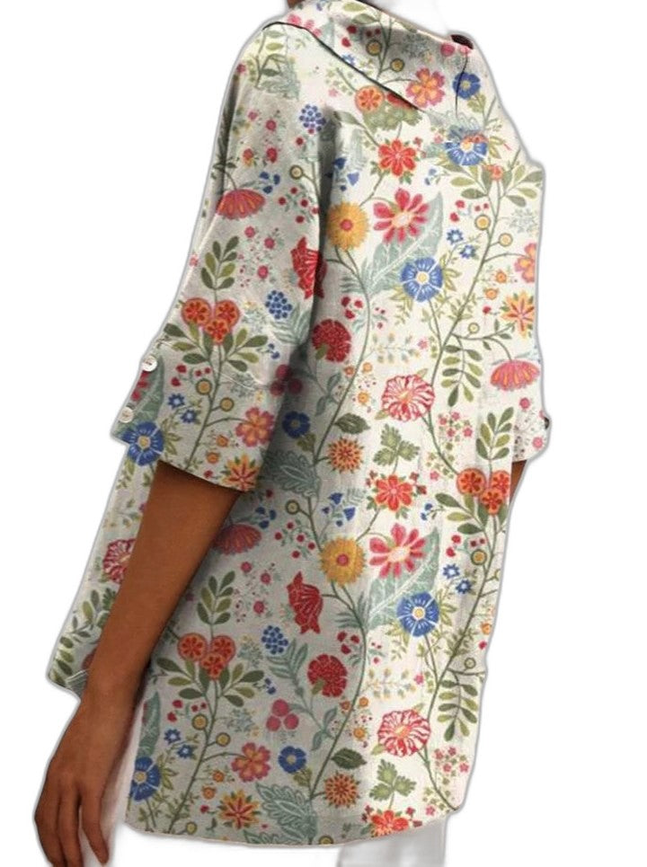 Effortless Sage Green Floral Blouse for Women with Collared Short Sleeve Oversized Casual Style