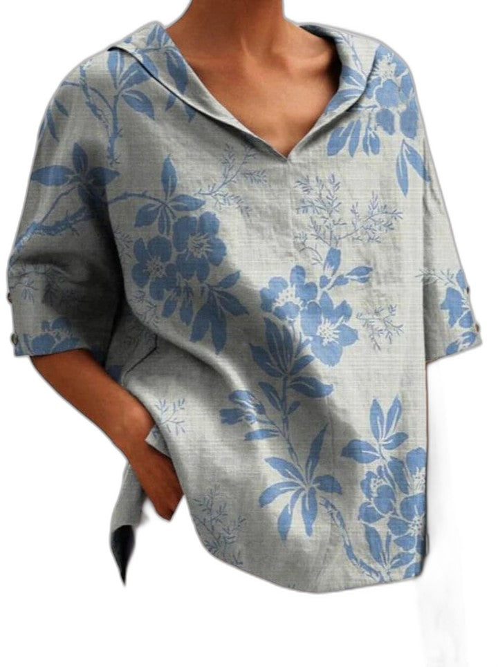 Effortless Sage Green Floral Blouse for Women with Collared Short Sleeve Oversized Casual Style