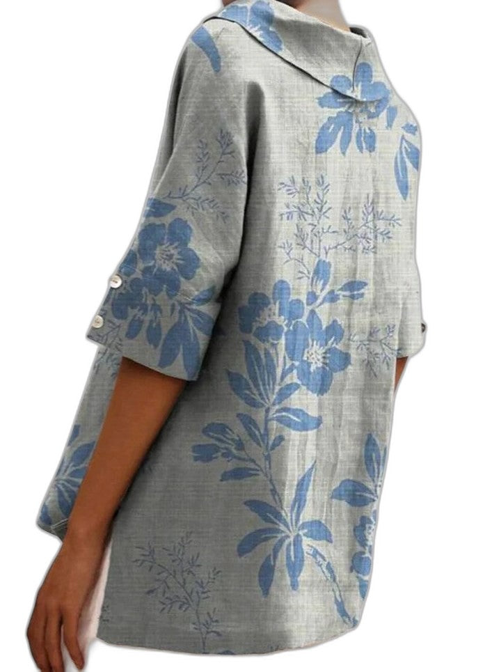 Effortless Sage Green Floral Blouse for Women with Collared Short Sleeve Oversized Casual Style