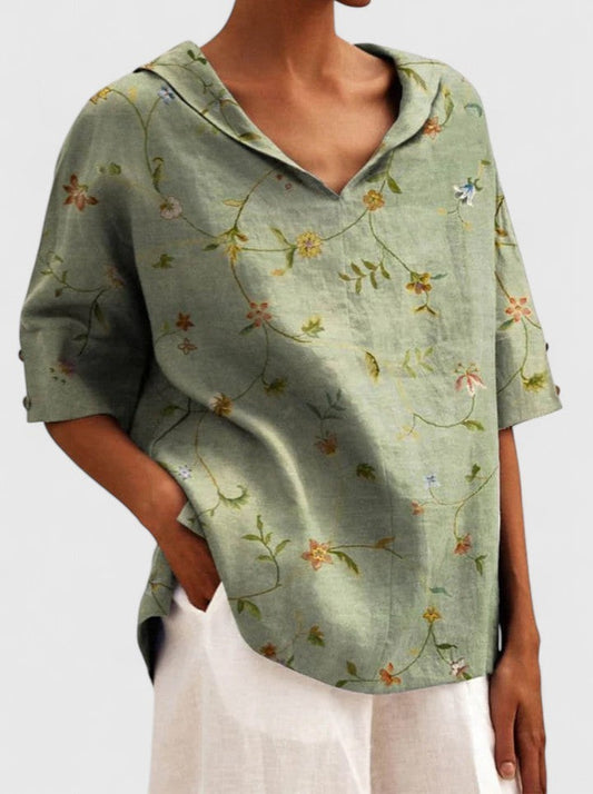 Effortless Sage Green Floral Blouse for Women with Collared Short Sleeve Oversized Casual Style