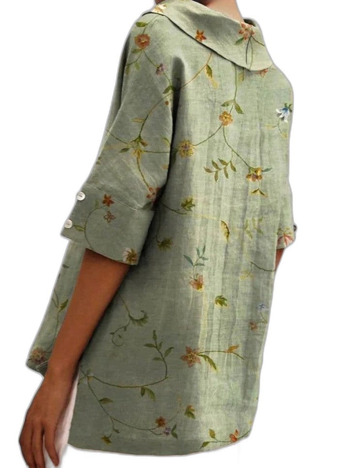 Effortless Sage Green Floral Blouse for Women with Collared Short Sleeve Oversized Casual Style
