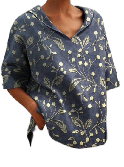 Effortless Sage Green Floral Blouse for Women with Collared Short Sleeve Oversized Casual Style