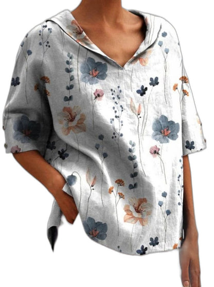 Effortless Sage Green Floral Blouse for Women with Collared Short Sleeve Oversized Casual Style