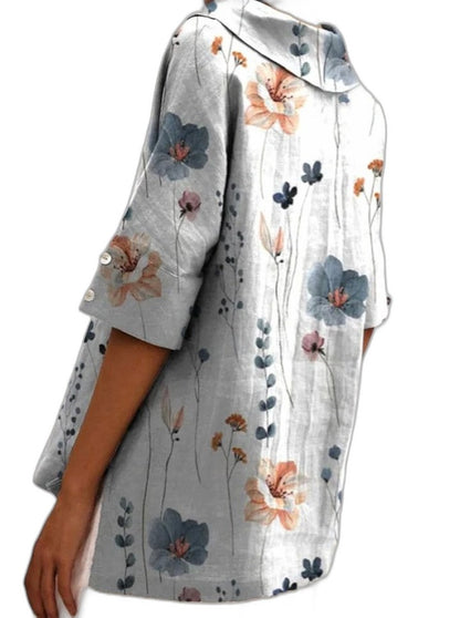 Effortless Sage Green Floral Blouse for Women with Collared Short Sleeve Oversized Casual Style