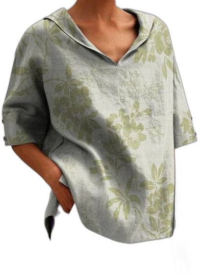 Effortless Sage Green Floral Blouse for Women with Collared Short Sleeve Oversized Casual Style