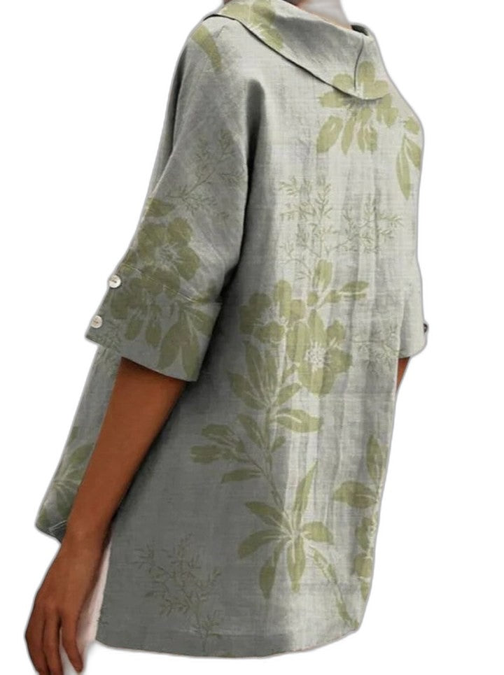 Effortless Sage Green Floral Blouse for Women with Collared Short Sleeve Oversized Casual Style