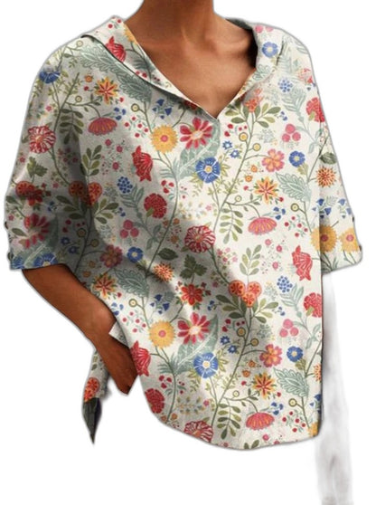 Effortless Sage Green Floral Blouse for Women with Collared Short Sleeve Oversized Casual Style