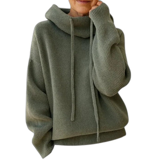 Effortless Sage Green Knit Hoodie for Women with Cowl Neck Long Sleeve Oversized Casual Style