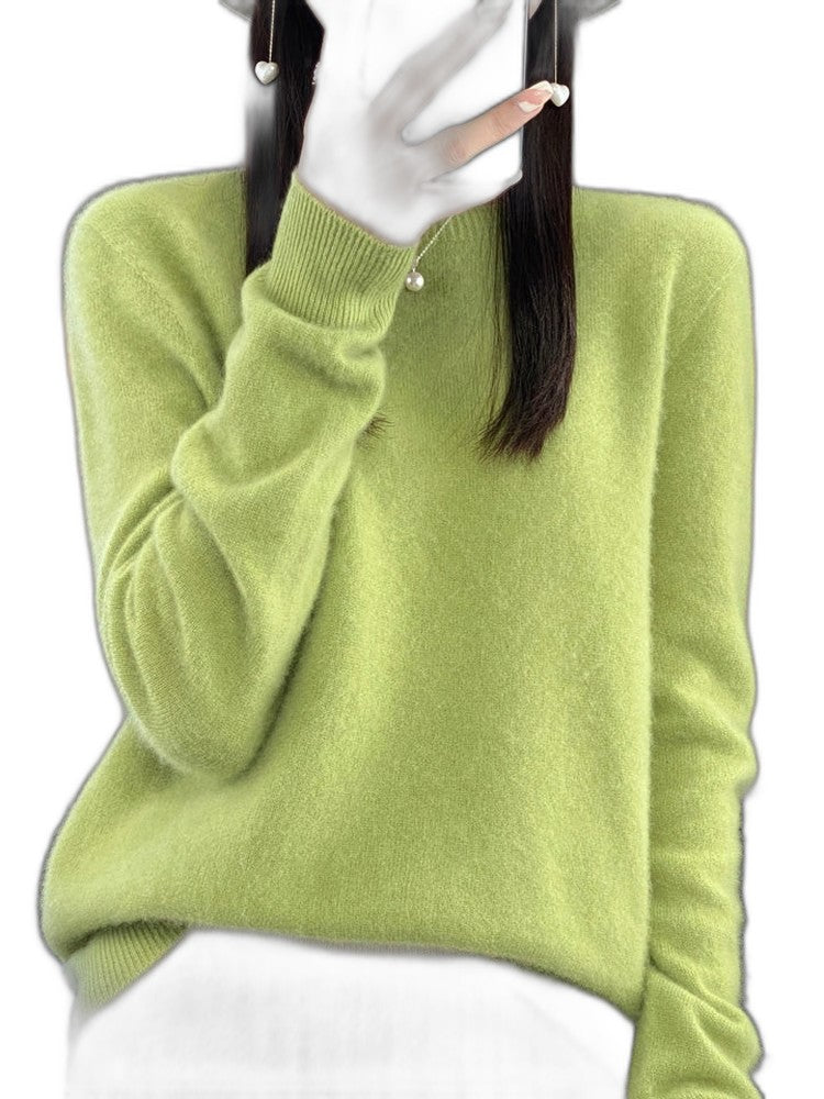Effortless Sage Green Knit Sweater for Women with Crew Neck Long Sleeve Casual Style