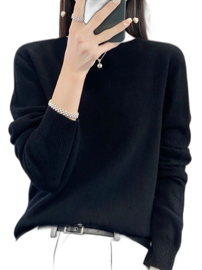Effortless Sage Green Knit Sweater for Women with Crew Neck Long Sleeve Casual Style