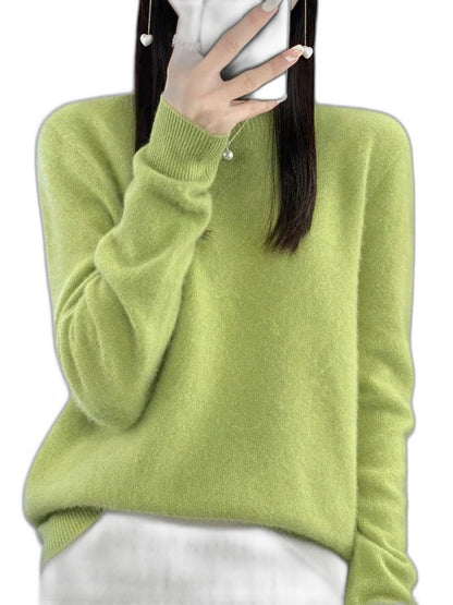Effortless Sage Green Knit Sweater for Women with Crew Neck Long Sleeve Casual Style