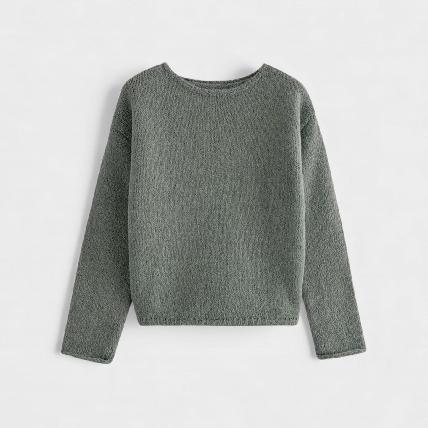 Effortless Sage Green Knit Sweater for Women with Crew Neck Long Sleeve Casual Style