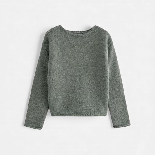 Effortless Sage Green Knit Sweater for Women with Crew Neck Long Sleeve Casual Style