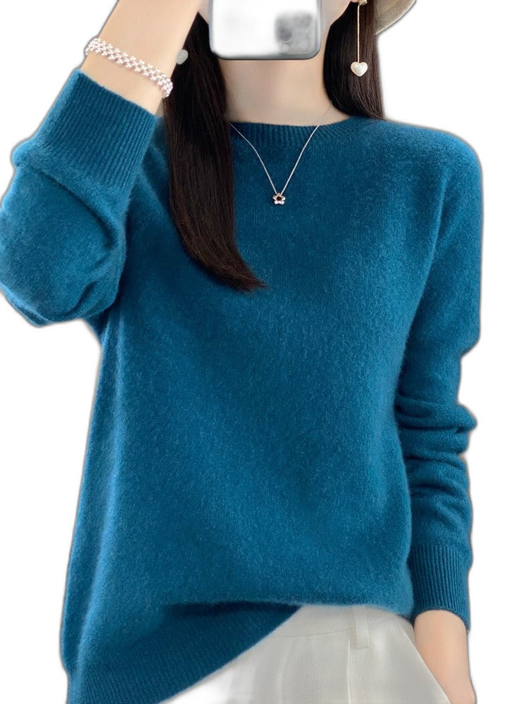Effortless Sage Green Knit Sweater for Women with Crew Neck Long Sleeve Casual Style