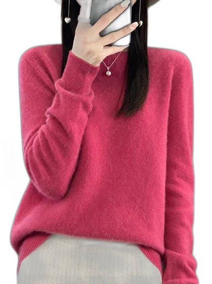 Effortless Sage Green Knit Sweater for Women with Crew Neck Long Sleeve Casual Style