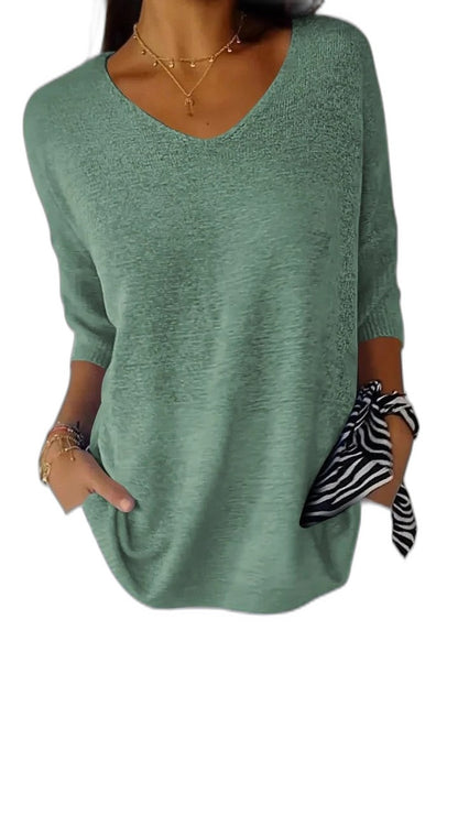 Effortless Sage Green Knit Sweater for Women with V Neck Short Sleeve Oversized Pockets Casual Style