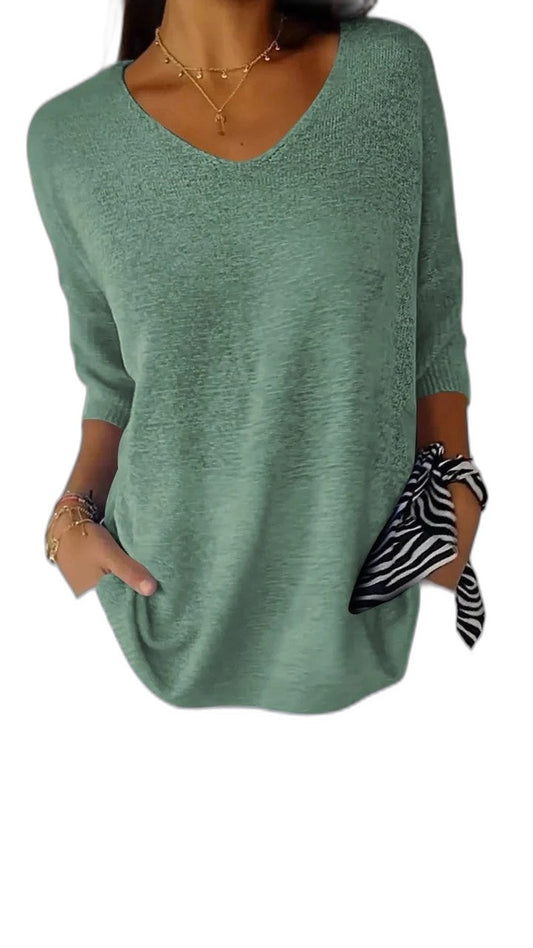 Effortless Sage Green Knit Sweater for Women with V Neck Short Sleeve Oversized Pockets Casual Style
