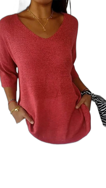 Effortless Sage Green Knit Sweater for Women with V Neck Short Sleeve Oversized Pockets Casual Style