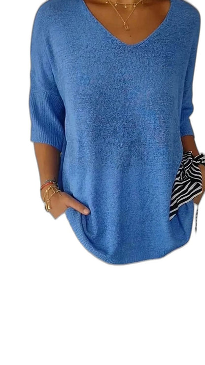 Effortless Sage Green Knit Sweater for Women with V Neck Short Sleeve Oversized Pockets Casual Style