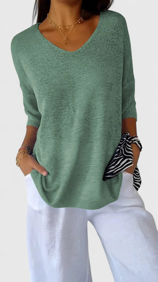 Effortless Sage Green Knit Sweater for Women with V Neck Short Sleeve Oversized Pockets Casual Style
