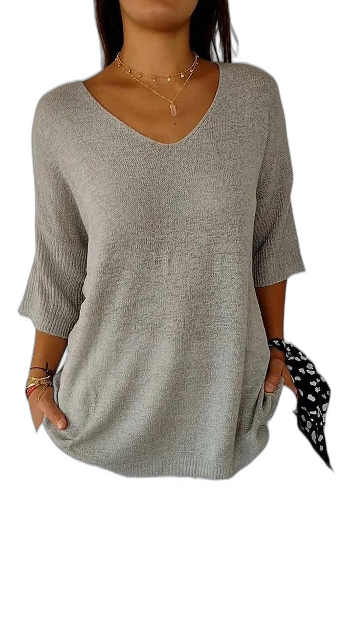 Effortless Sage Green Knit Sweater for Women with V Neck Short Sleeve Oversized Pockets Casual Style