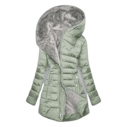 Effortless Sage Green Puffer Jacket for Women with High Neck Long Sleeve Quilted Fur Lined Casual Style