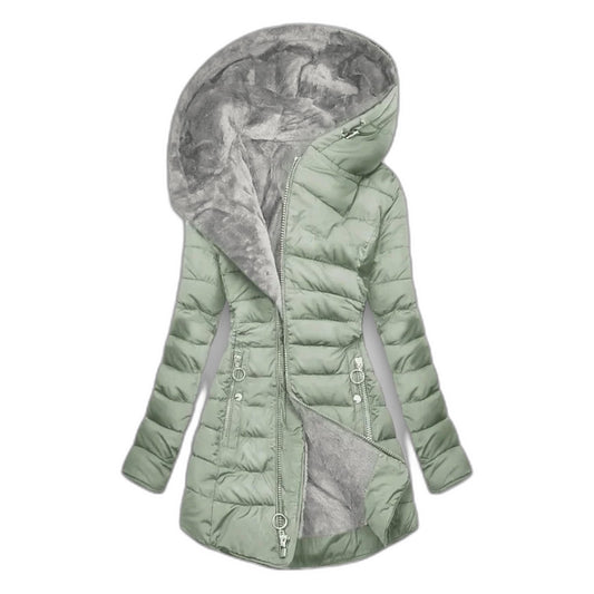 Effortless Sage Green Puffer Jacket for Women with High Neck Long Sleeve Quilted Fur Lined Casual Style
